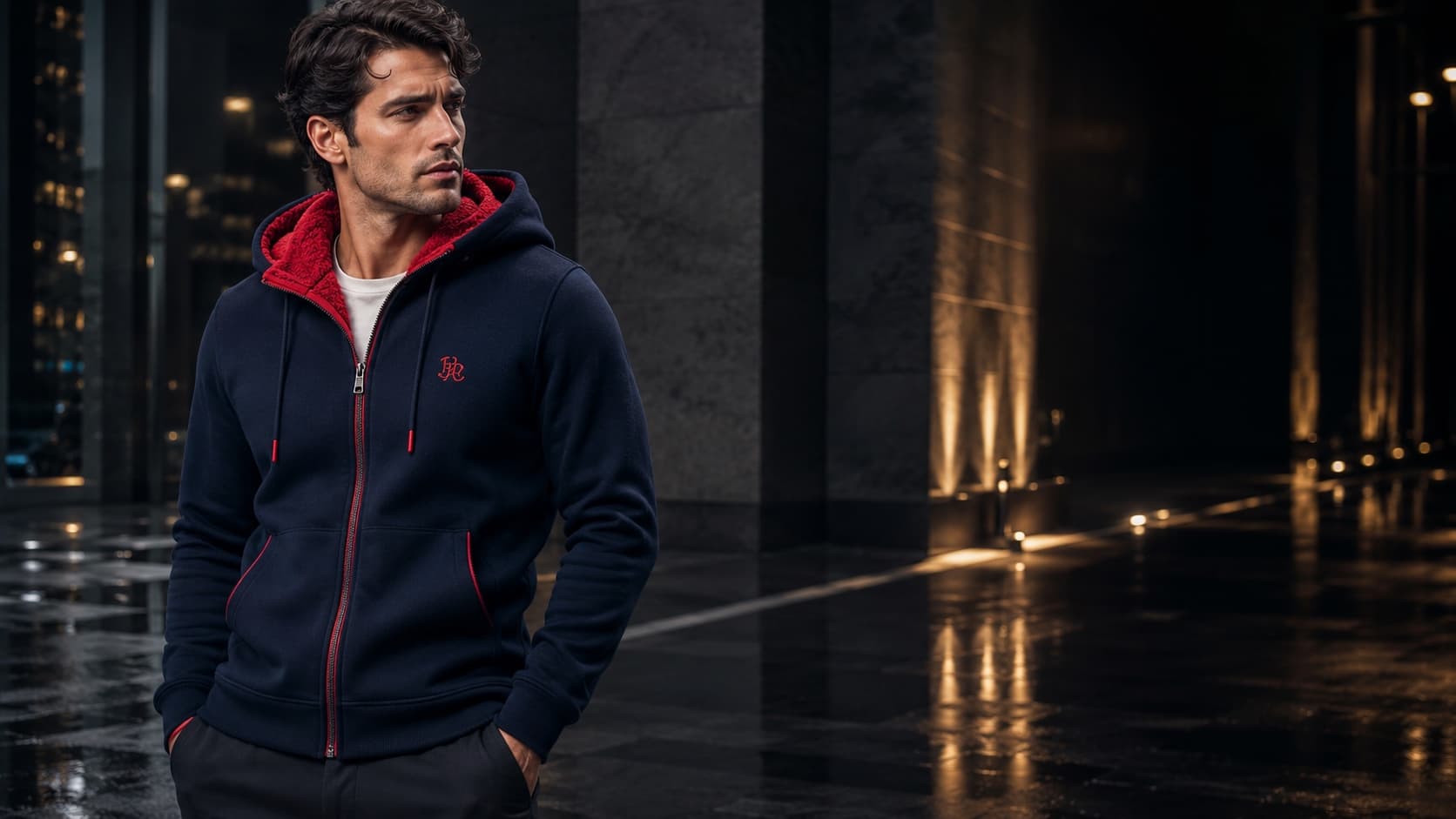 SHNY hoodie navy and red, night city and wet stone